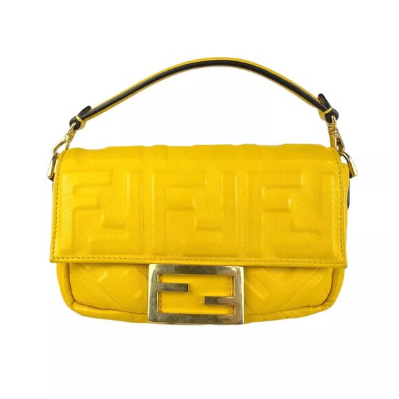 Auth FENDI Baguette Mini Handbag Shoulder Bag Yellow Leather/Goldtone -